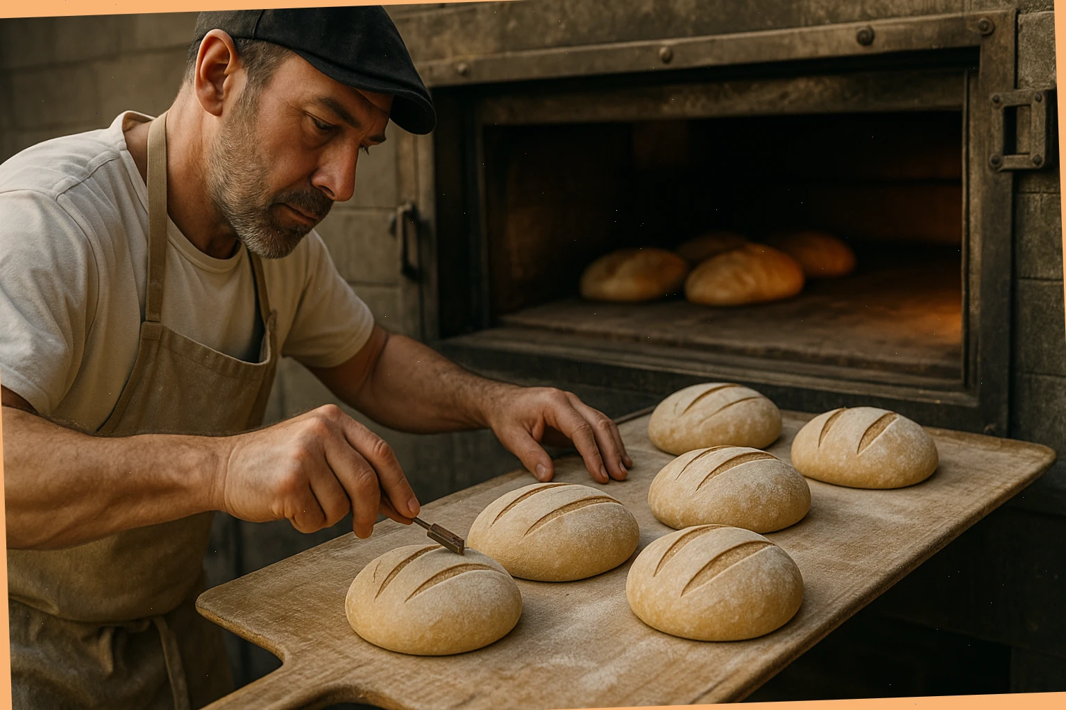 Head baker scoring loaves beside a stone deck oven
