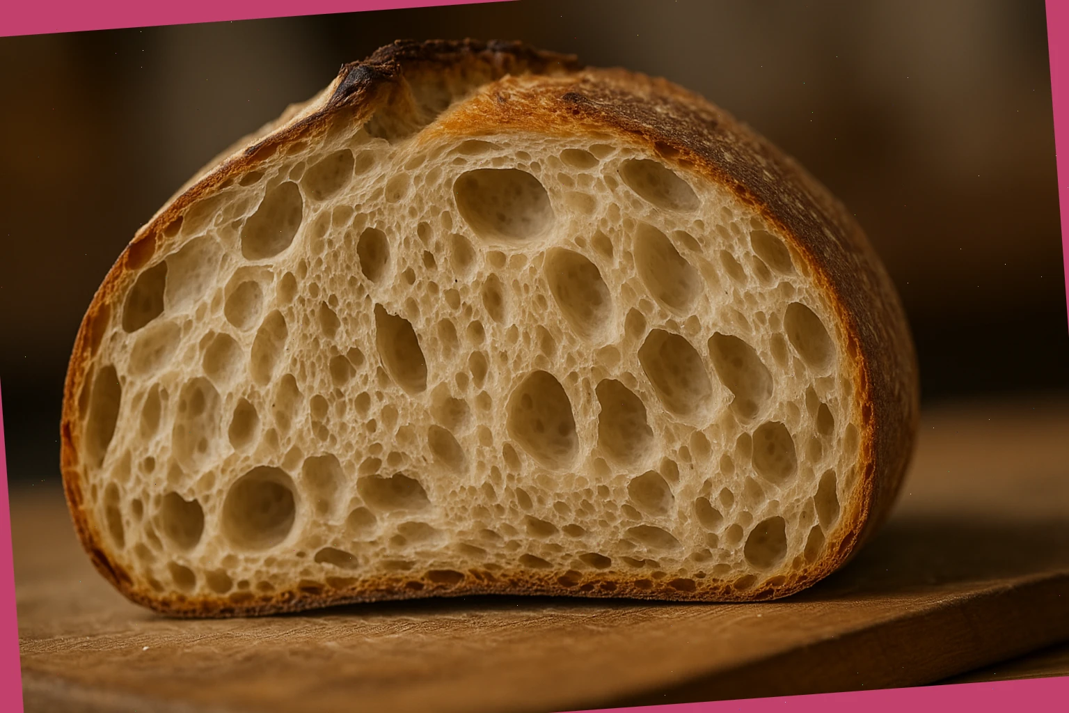 Close view of open crumb from a country sourdough loaf