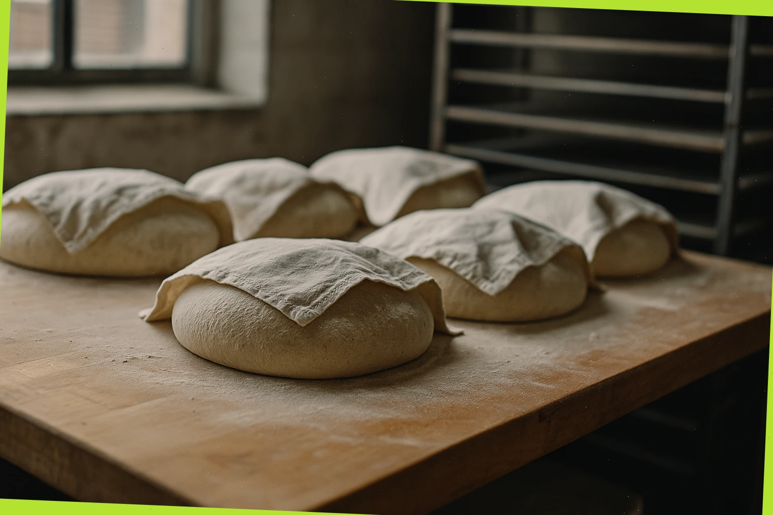 Covered dough resting on a bench before shaping