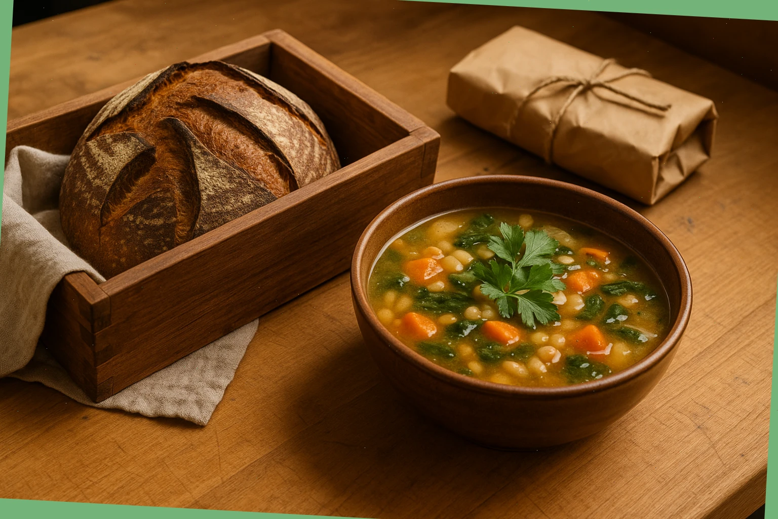 Bread and broth bundle on a wooden counter