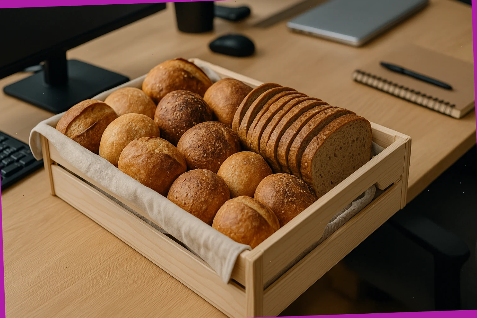 Office share crate with mixed rolls and sliced loaves