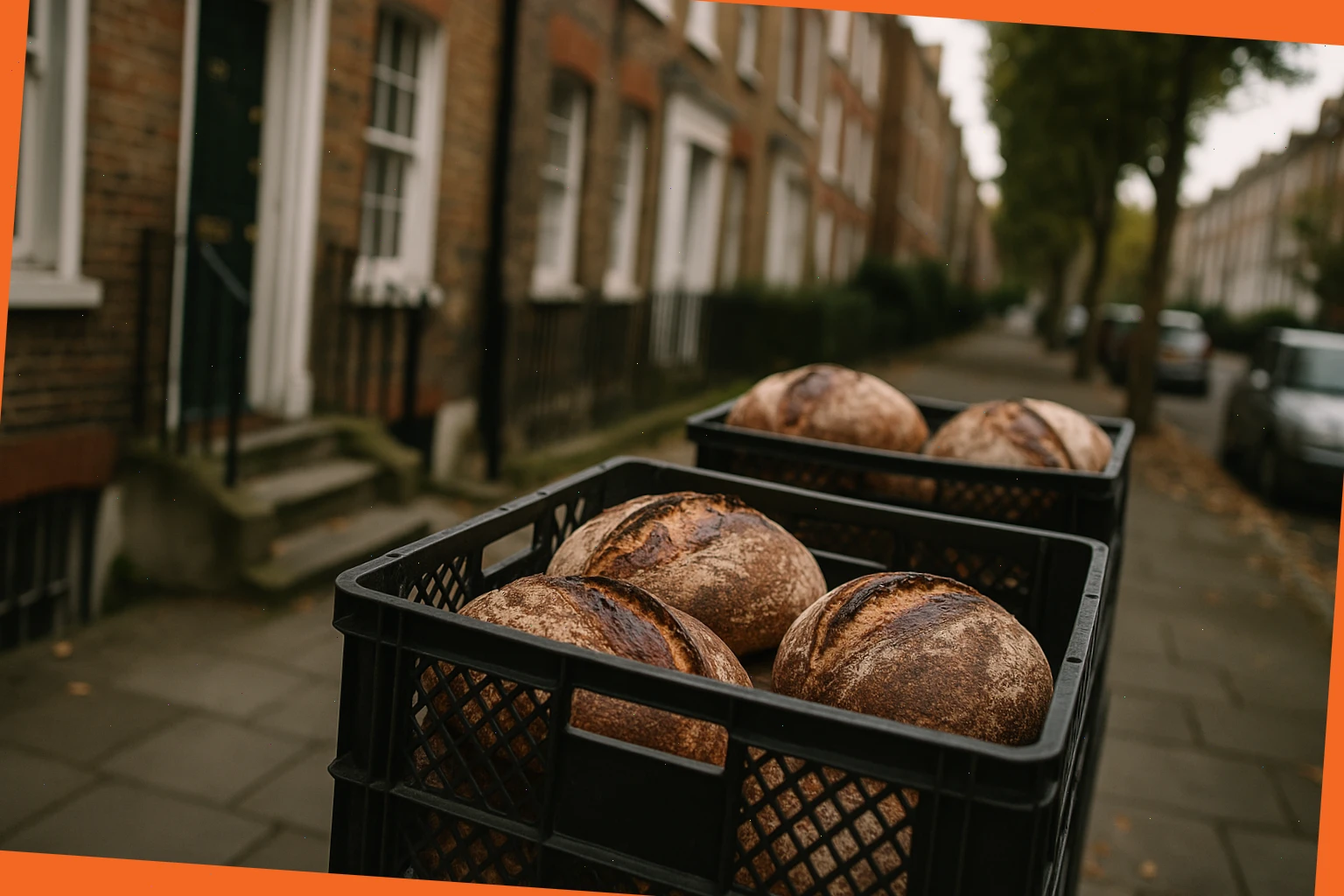 Crusty loaves in crates for a quiet London doorstep round